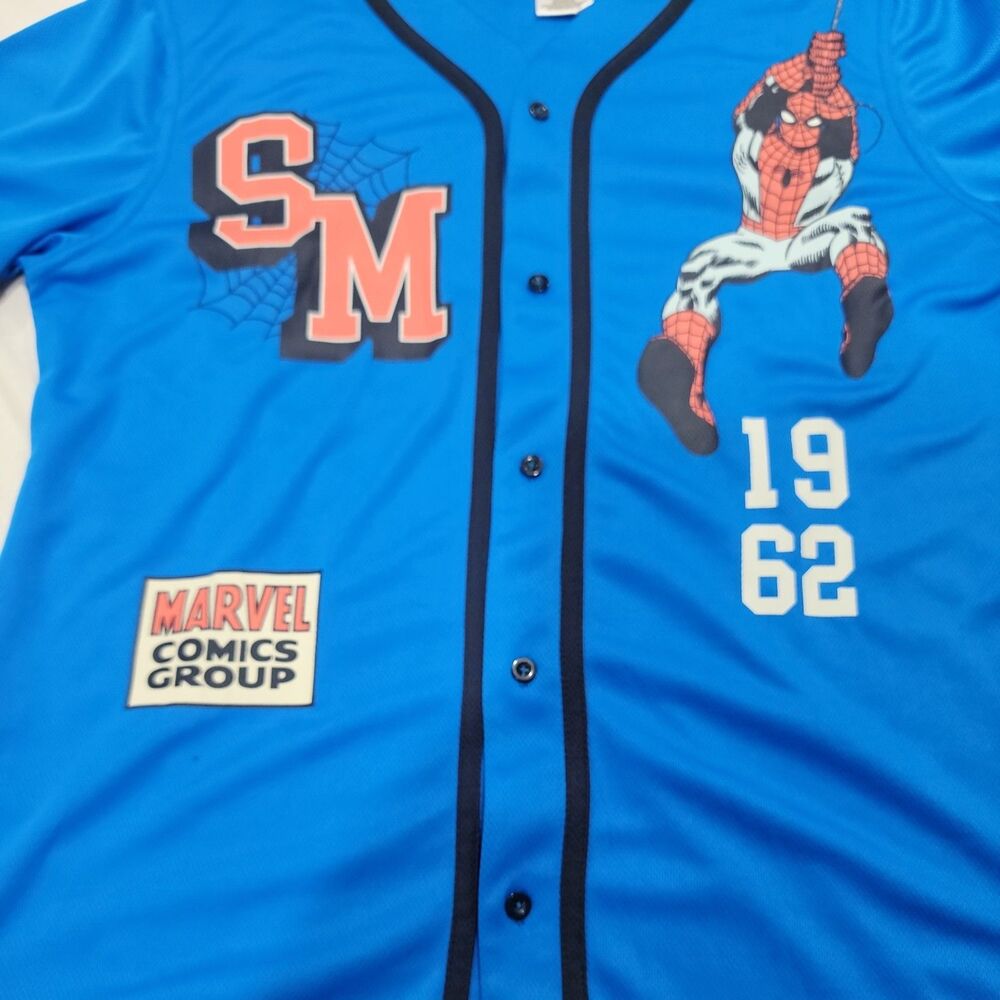 Marvel Spider-Man Baseball Jersey Shirt Blue Men’s Size M Graphic Button Up - Picture 4 of 4